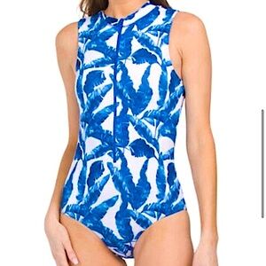 Cabana Life Blue White Palms S Preppy Coastal Sporty UPF 50+UV Unisuit Swimsuit